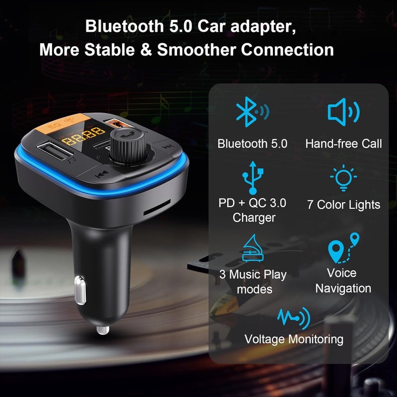 Baishun جهاز إرسال FM بلوتوث للسيارة - محول بلوتوث 5.0 PD20W + QC3.0 لمشغل الموسيقى وشاحن السيارة يدعم المكالمات بدون استخدام اليدين سيري مساعد جوجل - Image 2